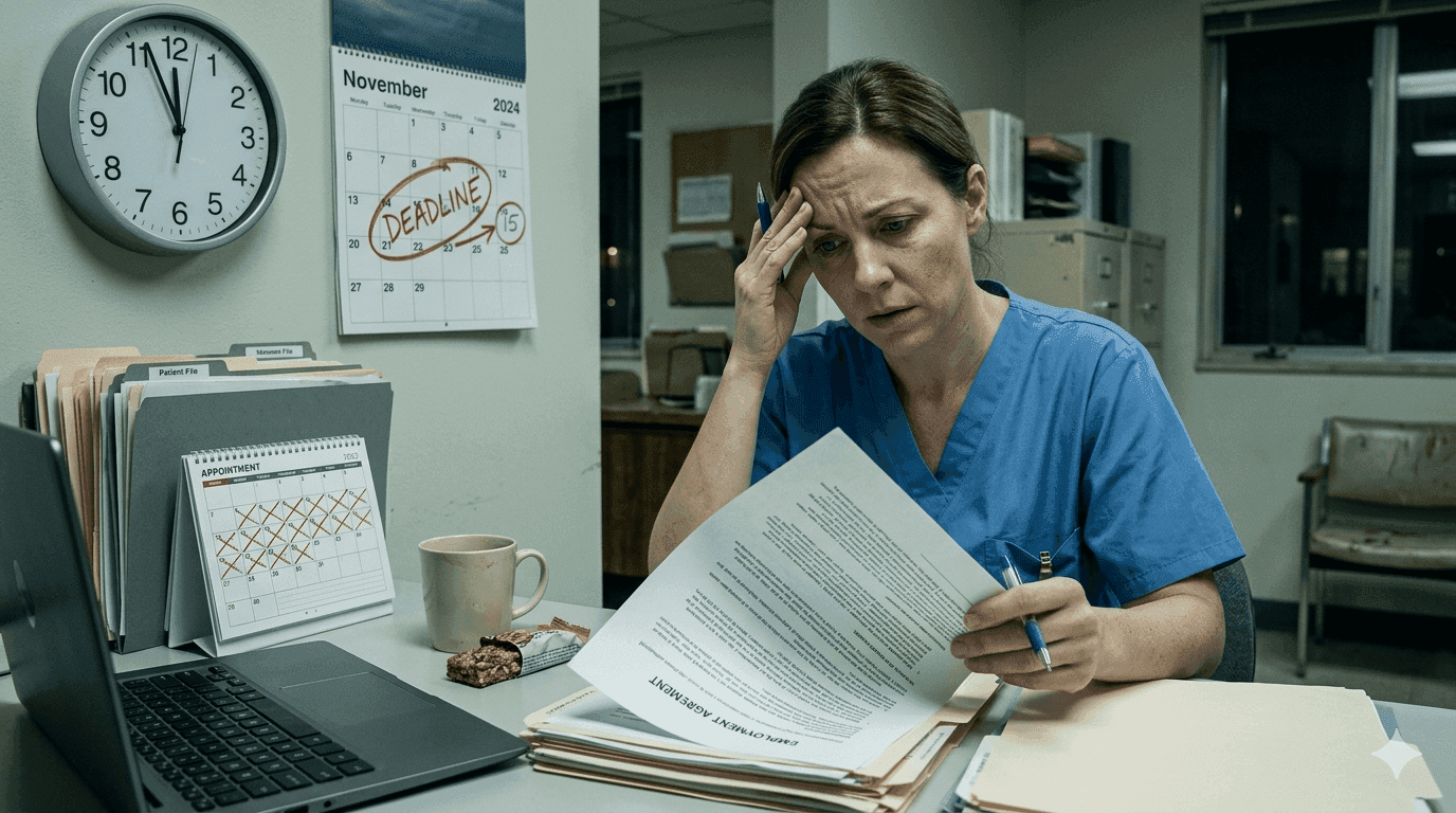 Nurse reviewing travel nursing contract cancellation clause with a pen