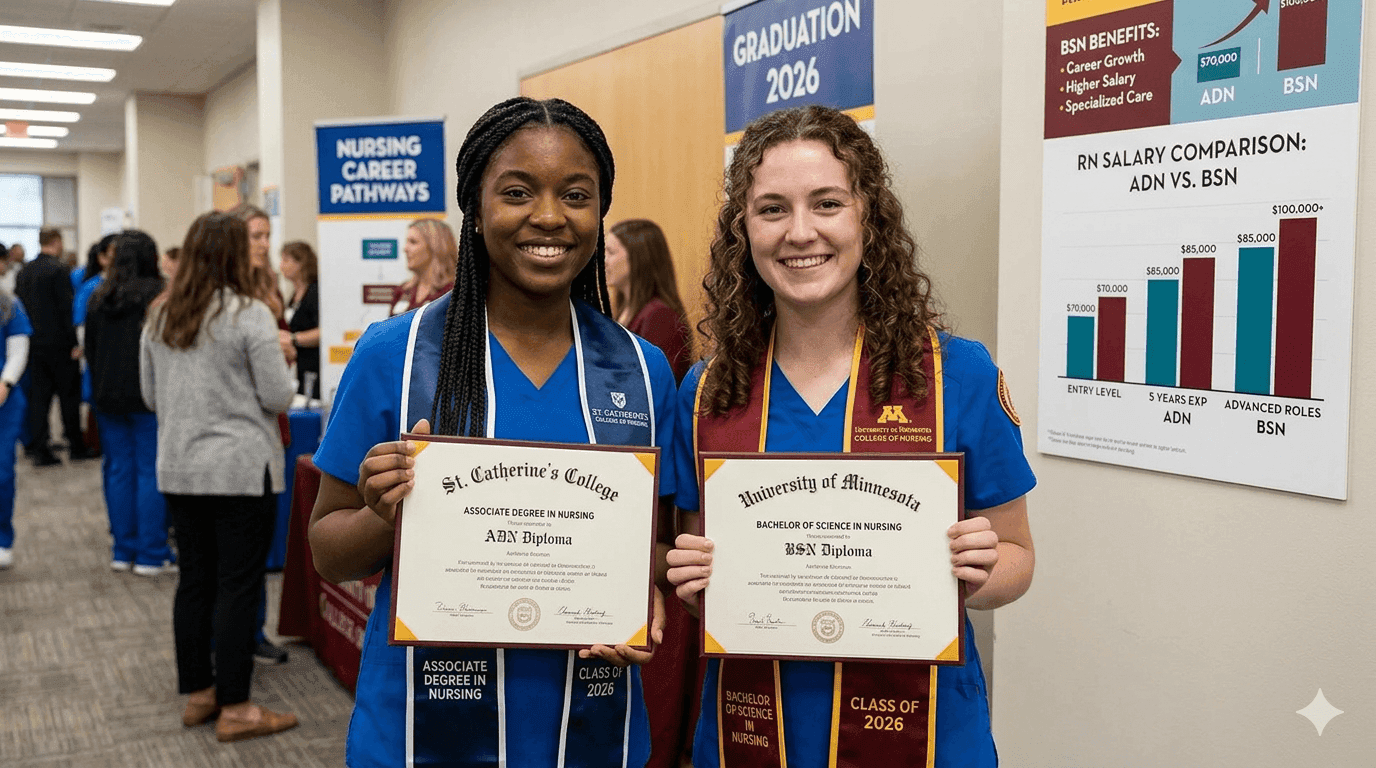 Two nursing graduates comparing diplomas with salary chart in background showing BSN vs ADN earnings