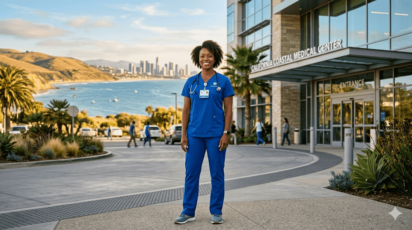 California nurse smiling outside a hospital with Golden Gate Bridge in background