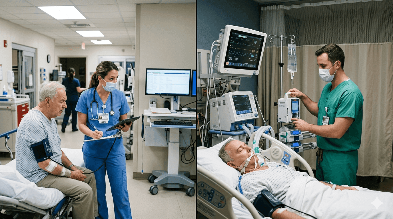 Side-by-side comparison of ER and ICU nurse workstations with salary data overlay