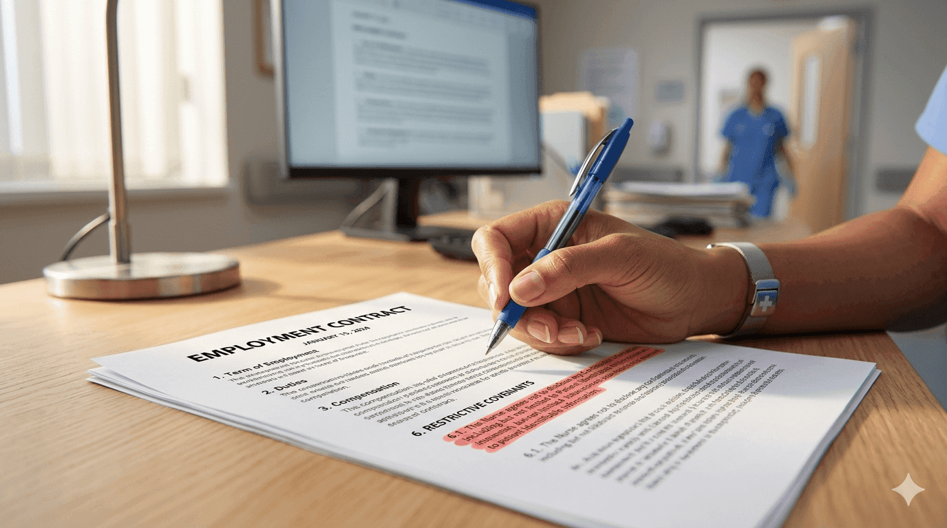 Nurse reviewing a non-compete clause in a nursing contract with a pen