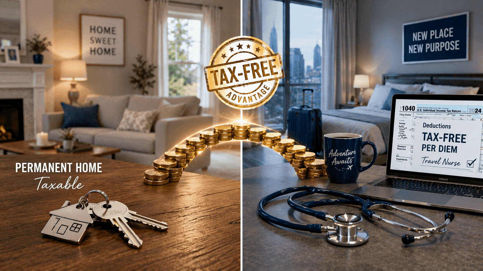Travel nurse reviewing housing stipend tax rules with IRS form 1040 and calculator