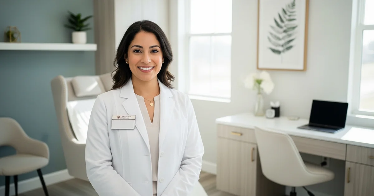 Aesthetic nurse practitioner in a modern medical spa consultation room with clean white interior and natural light