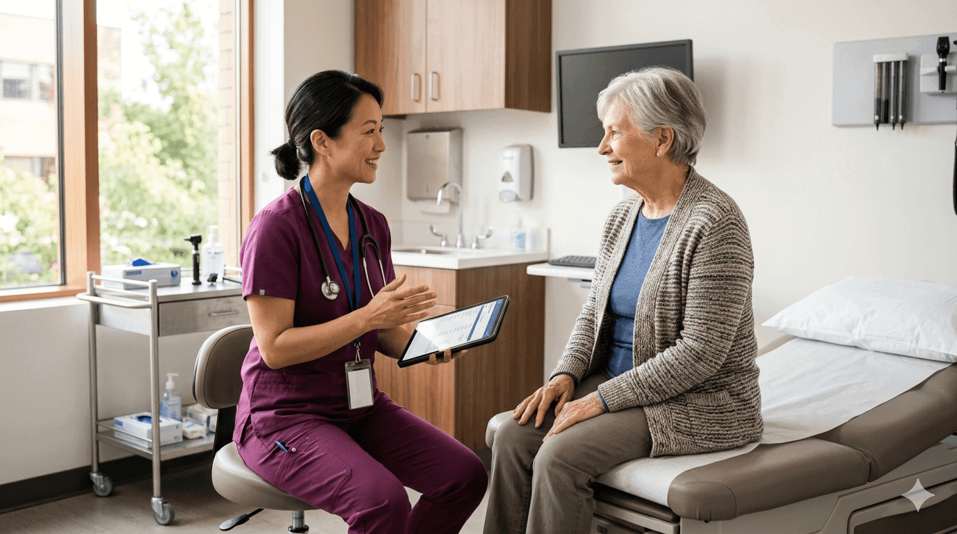 Adult-gerontology nurse practitioner consulting with an older adult patient