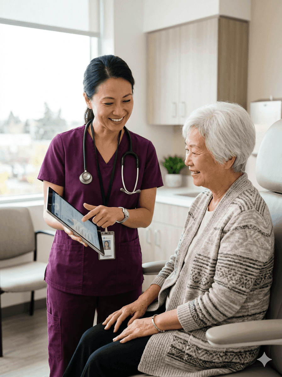 Adult-gerontology nurse practitioner reviewing a care plan attentively with an elderly patient in a comfortable clinical setting