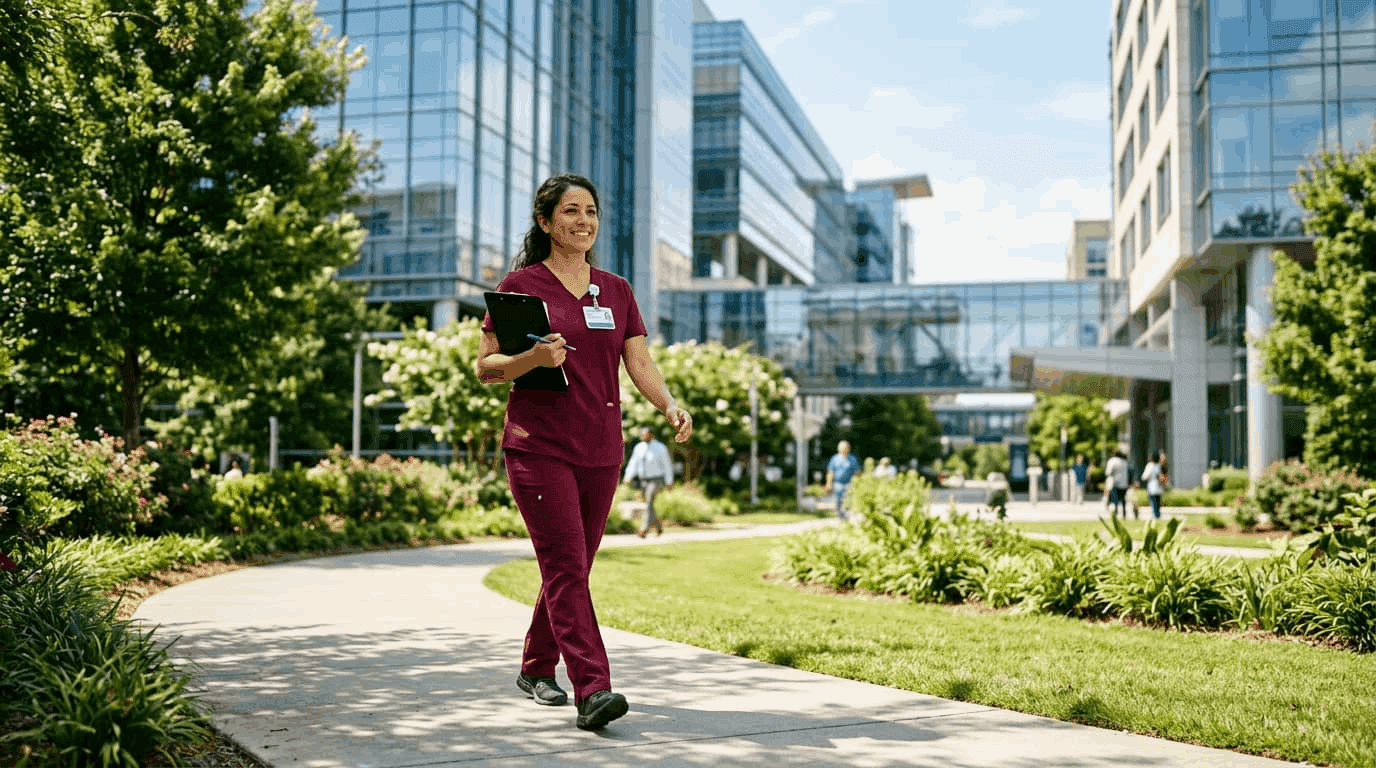 Registered nurse in scrubs standing outside a modern Atlanta Georgia hospital