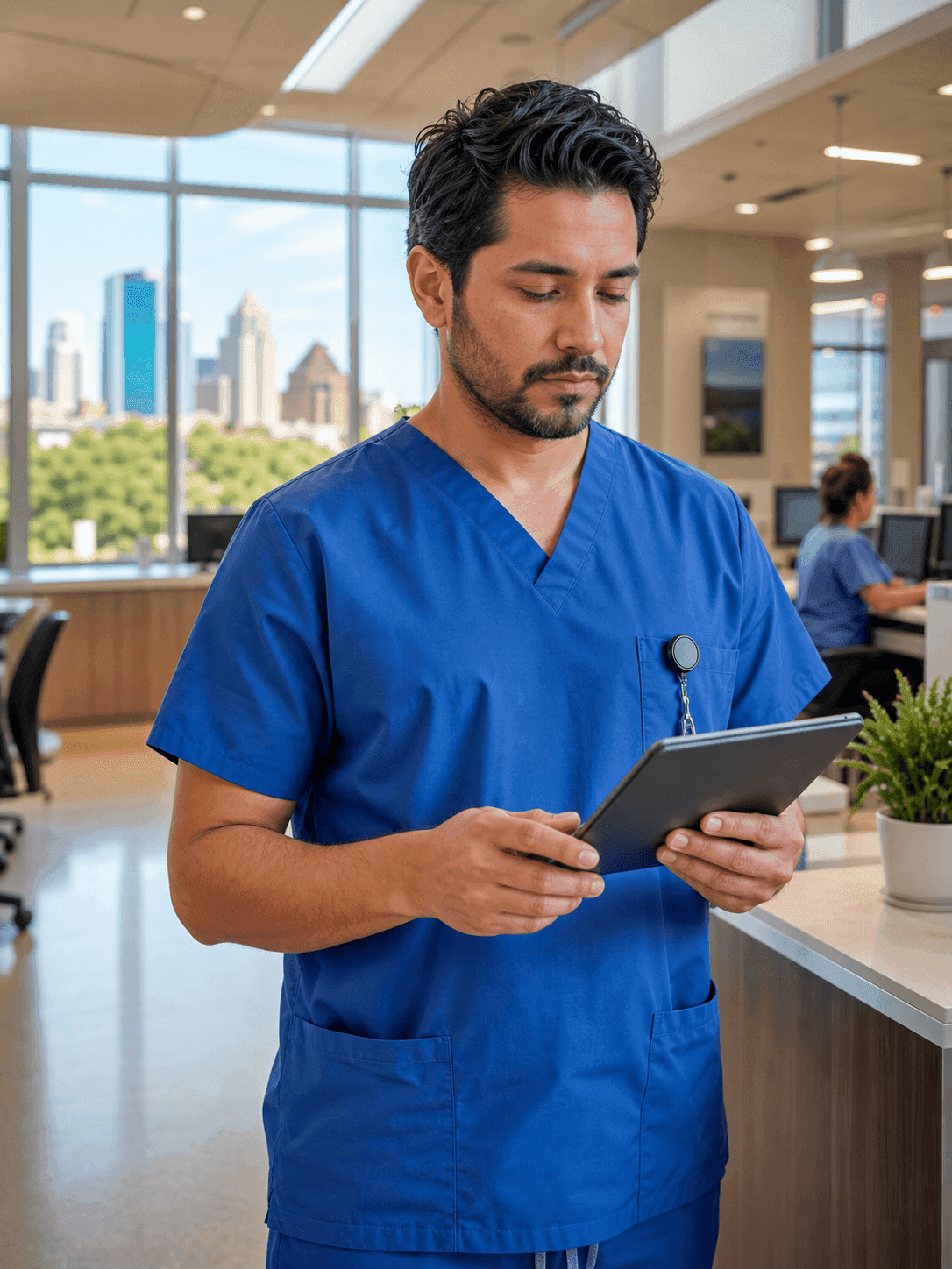 Registered nurse in scrubs standing confidently outside a modern Austin Texas hospital entrance, warm natural light and professional demeanor