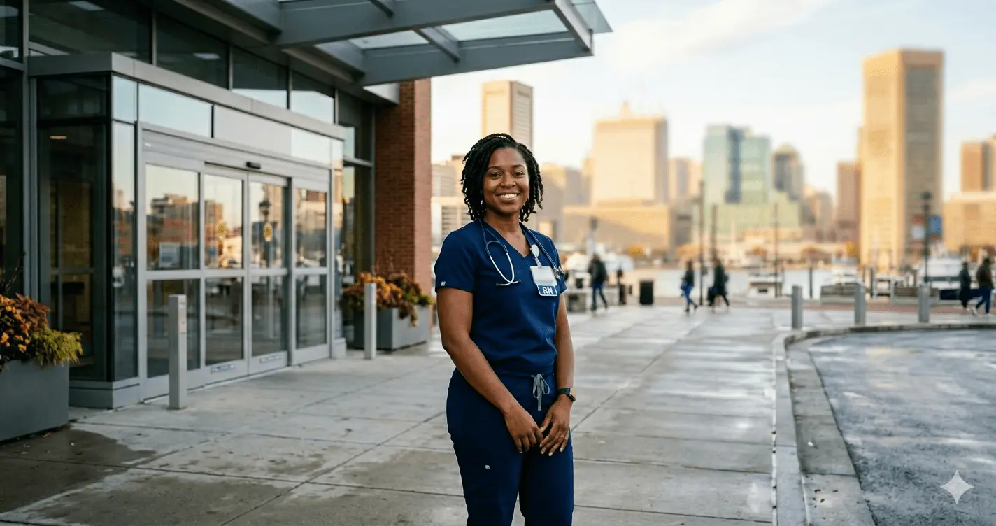 Registered nurse in navy scrubs standing outside a modern Baltimore Maryland hospital with the Inner Harbor visible in the background