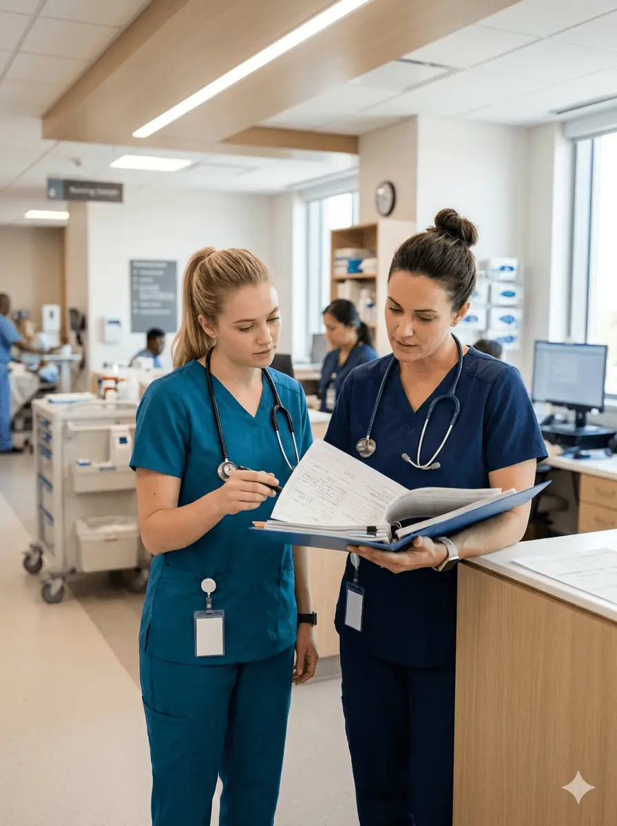 Two registered nurses in scrubs reviewing a patient chart in a bright modern Baltimore hospital unit