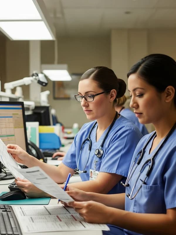 Two nurses in scrubs reviewing patient charts together at a hospital workstation in a Delaware medical center