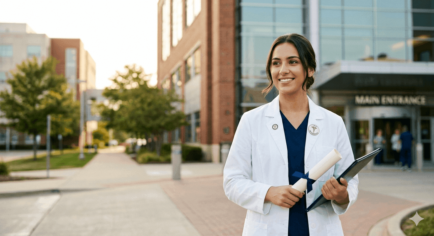 Nursing graduate in white coat holding diploma outside hospital, representing BSN degree attainment and career advancement for RNs in 2026