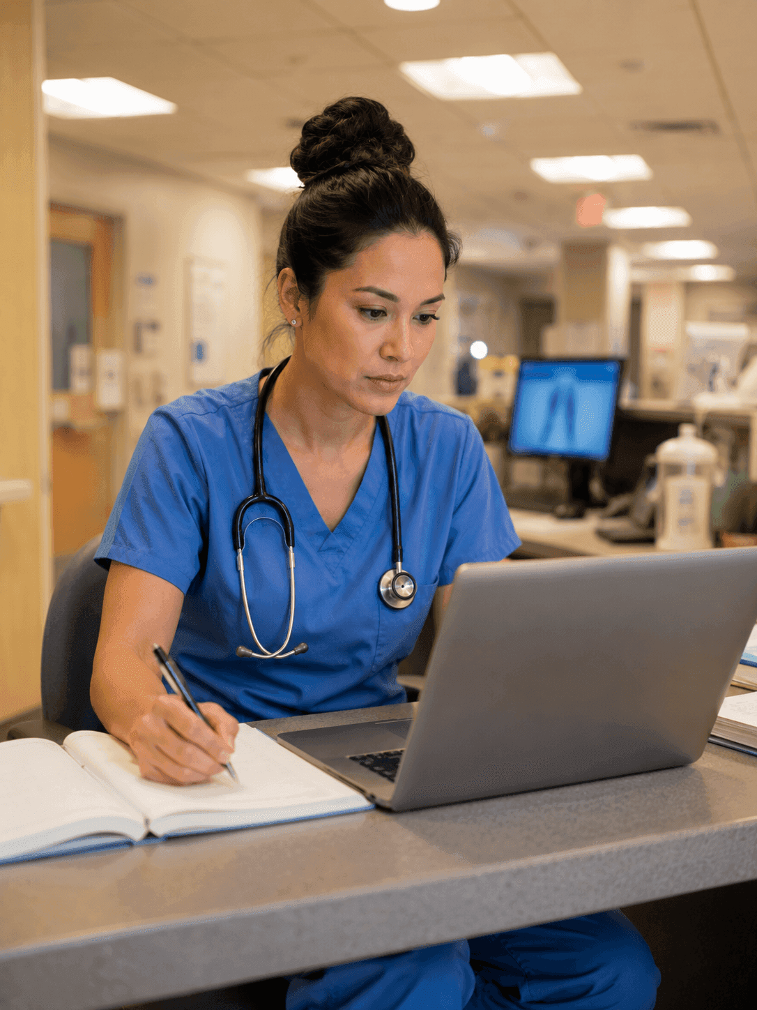 Nurse in scrubs reviewing educational materials at hospital nursing station, representing career advancement through RN-to-BSN bridge program