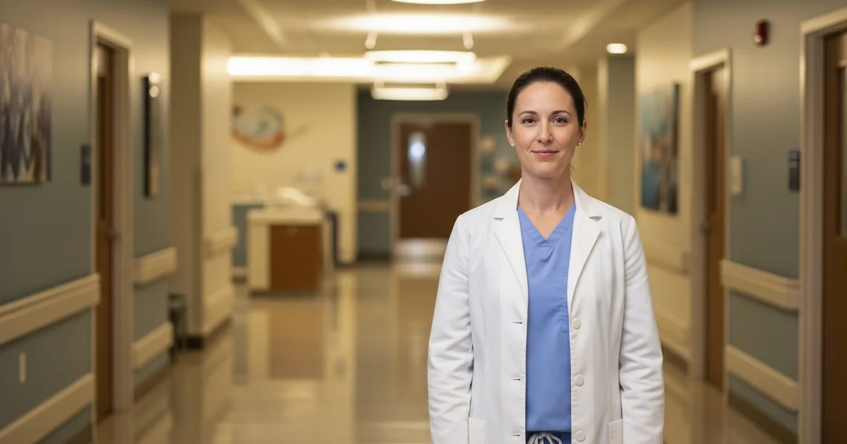 Certified nurse midwife in scrubs consulting with a pregnant patient in a warm clinical setting, professional and compassionate demeanor