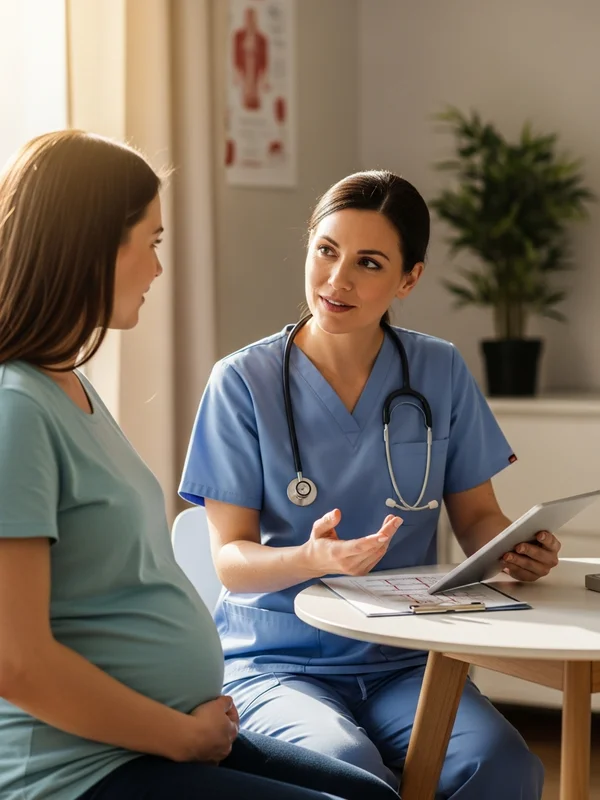 Nurse midwife in clinical scrubs supporting a patient during labor in a modern hospital birthing suite, warm overhead lighting