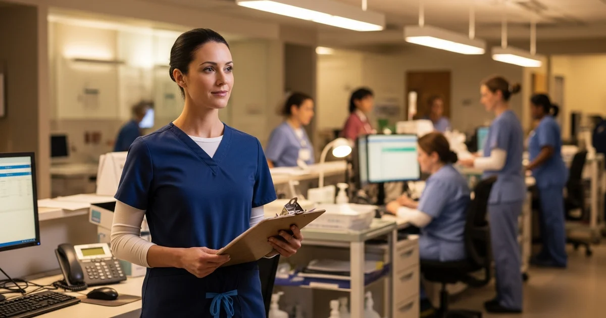 Experienced charge nurse in scrubs standing at a nurses station reviewing patient assignments on a clipboard in a busy hospital unit