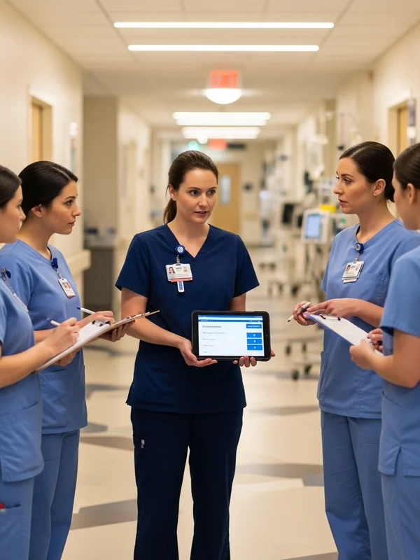 Charge nurse in scrubs leading a shift huddle with nursing staff in a hospital corridor, reviewing patient assignments before the start of a shift
