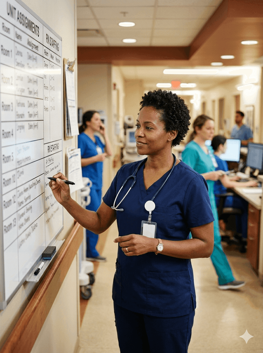 Charge nurse in scrubs reviewing patient assignments at a busy nursing station, confidently leading the unit team