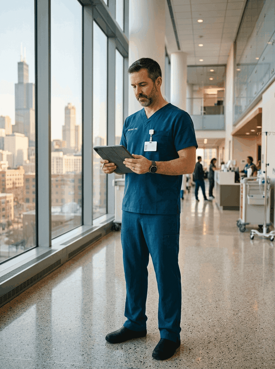 Registered nurse reviewing patient chart at workstation inside modern Chicago academic medical center