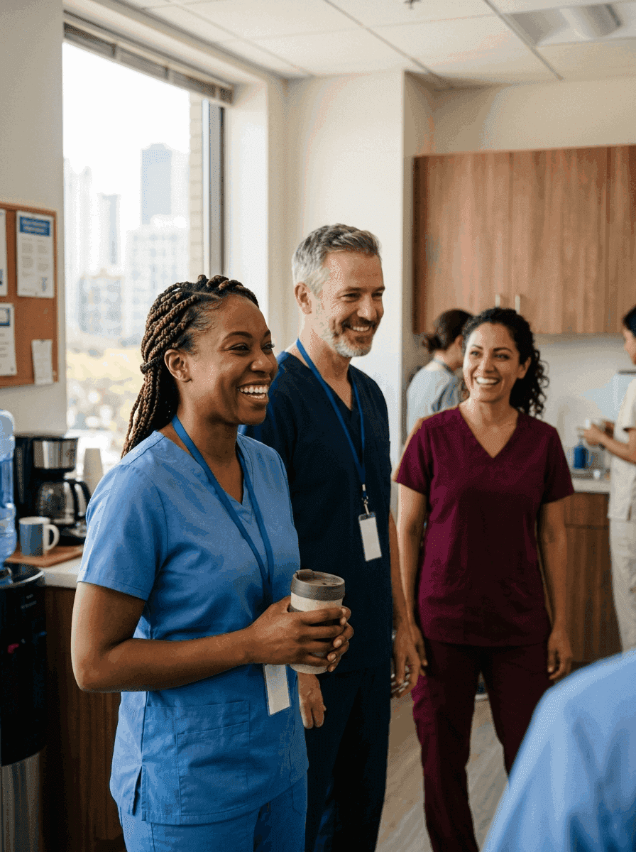 Diverse team of Chicago nurses collaborating at nursing station in busy academic hospital