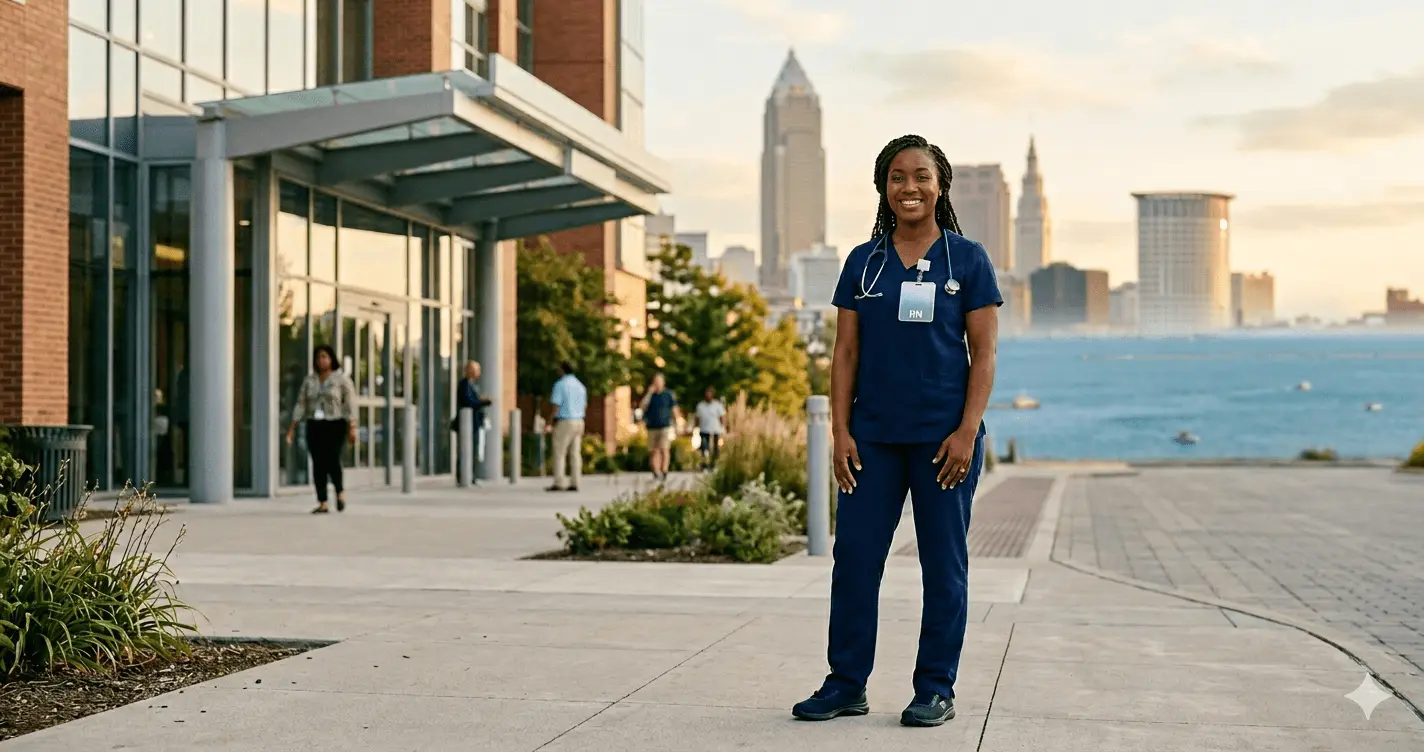 Registered nurse in navy scrubs standing outside a modern Cleveland Ohio hospital with Lake Erie visible in the background