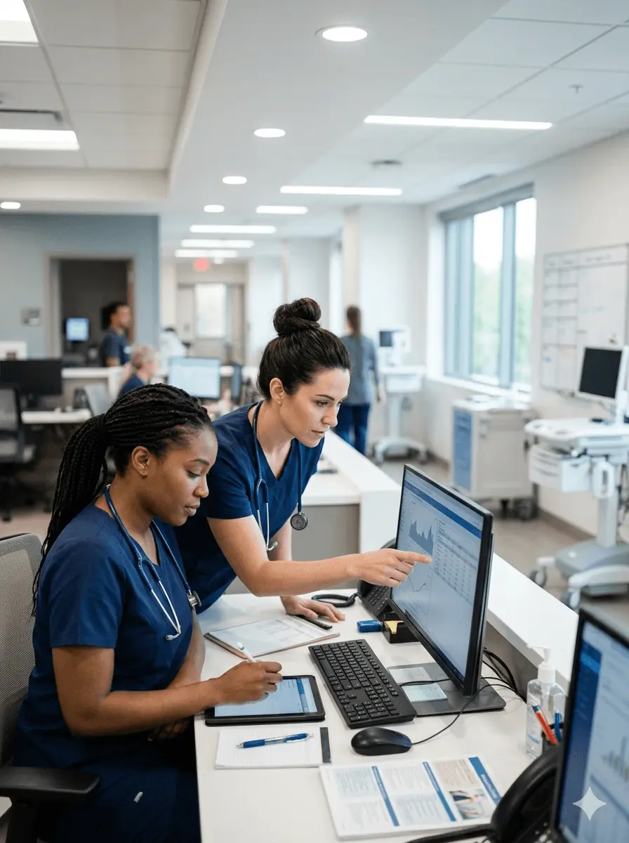 Two registered nurses in scrubs reviewing patient information at a workstation in a bright modern Cleveland Ohio hospital