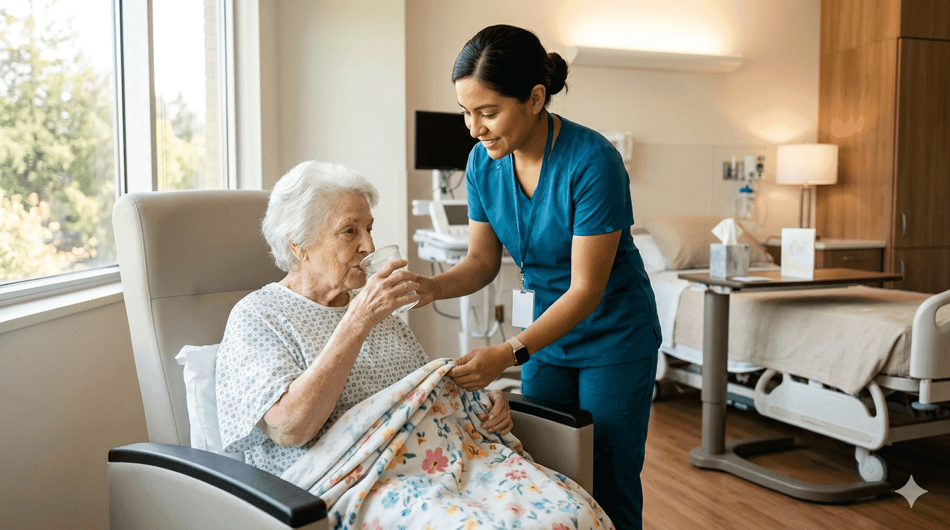 Certified nursing assistant helping a patient in a hospital room
