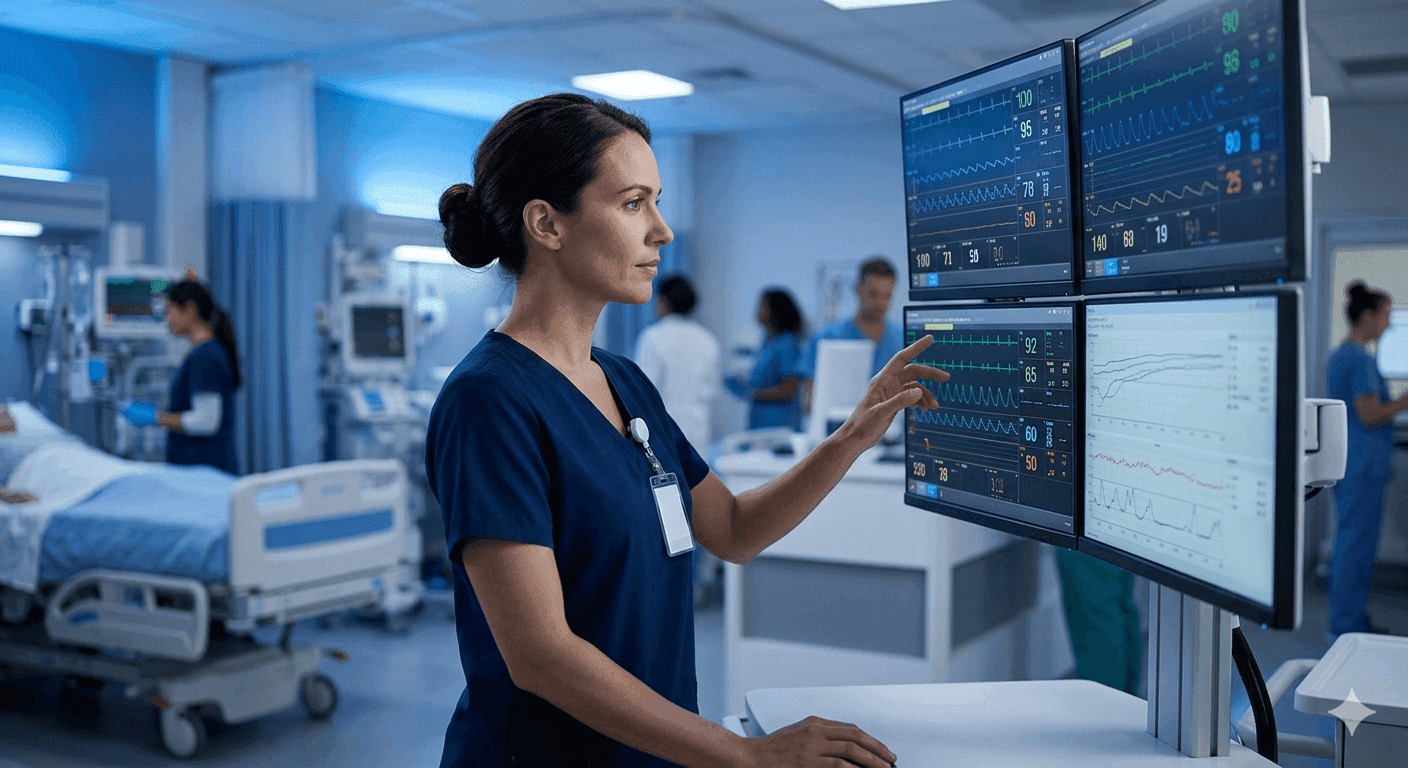 Critical care nurse in scrubs monitoring patient vital signs in a modern hospital ICU