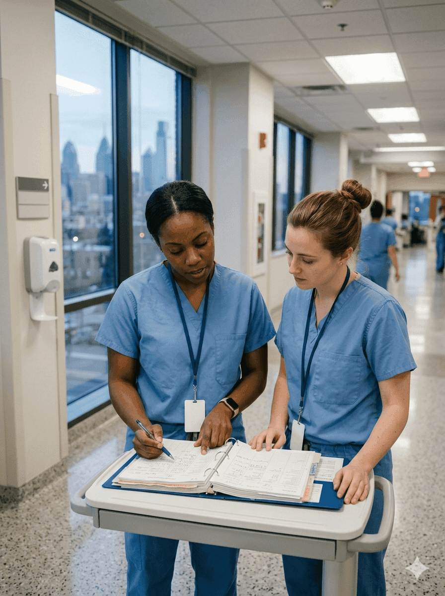 Two ICU nurses in scrubs collaborating at a nursing station surrounded by patient monitoring equipment in a modern intensive care unit
