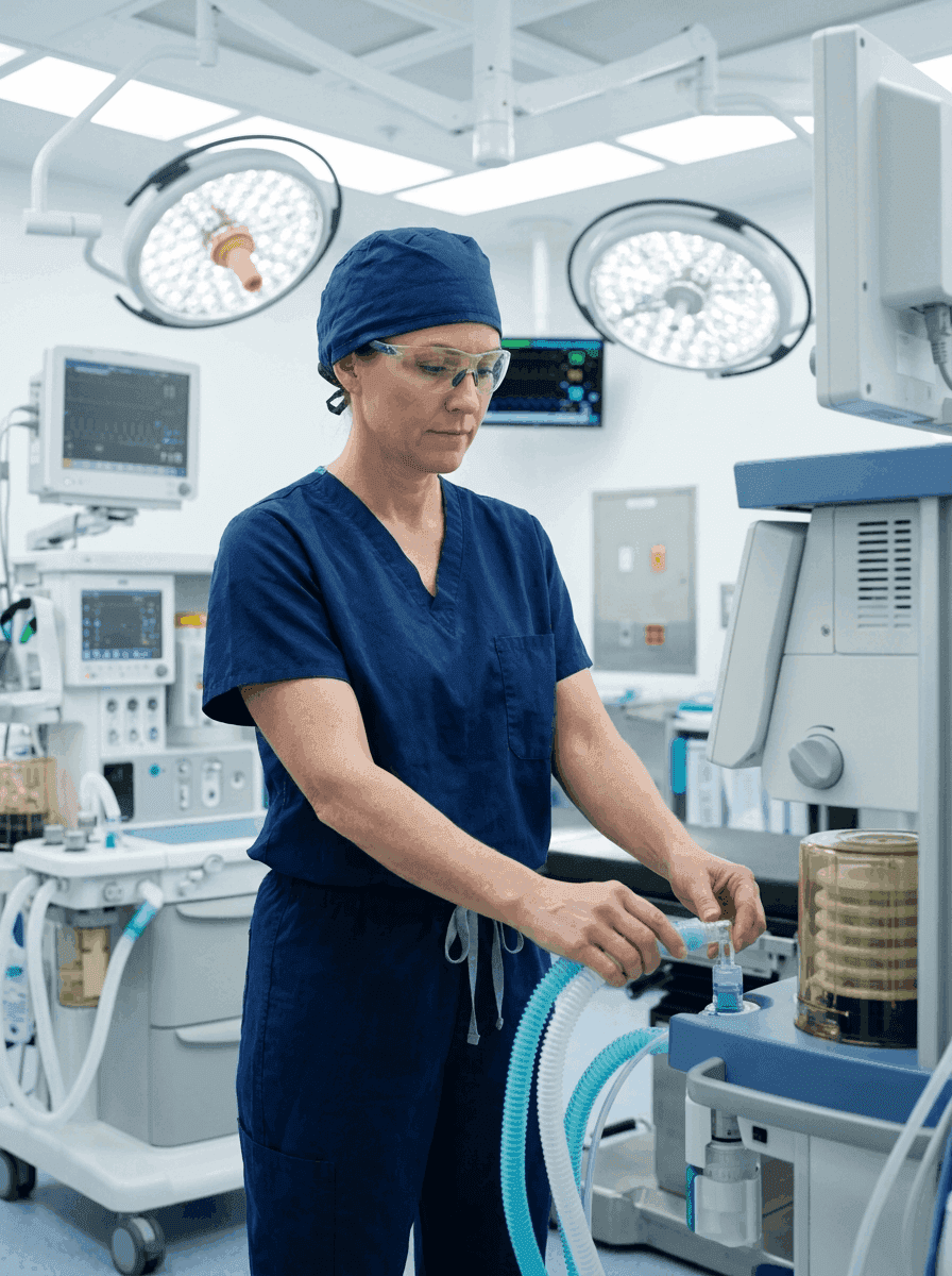 CRNA nurse anesthetist in surgical cap and mask preparing anesthesia equipment in modern operating room