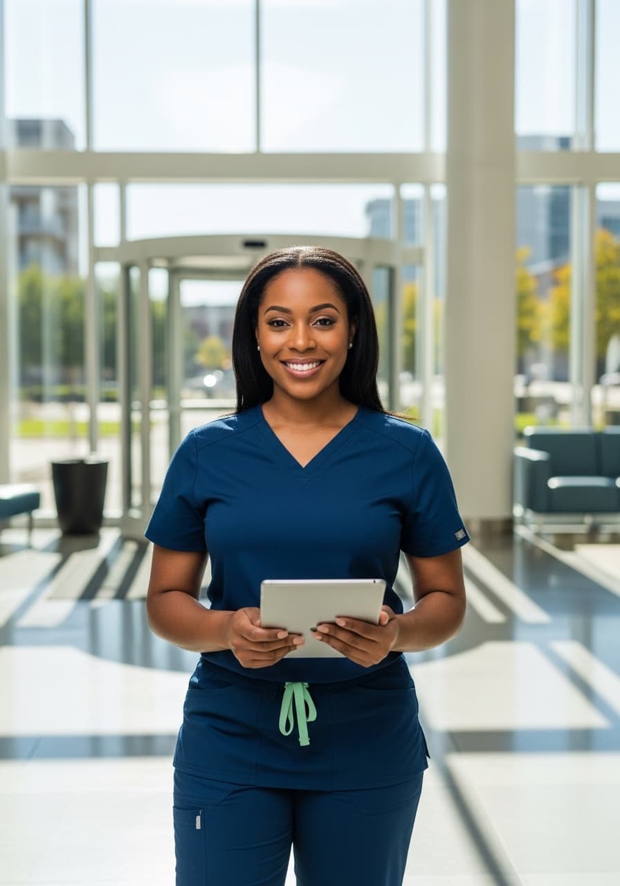 Registered nurse in Dallas hospital lobby illustrating 2026 DFW RN compensation guide