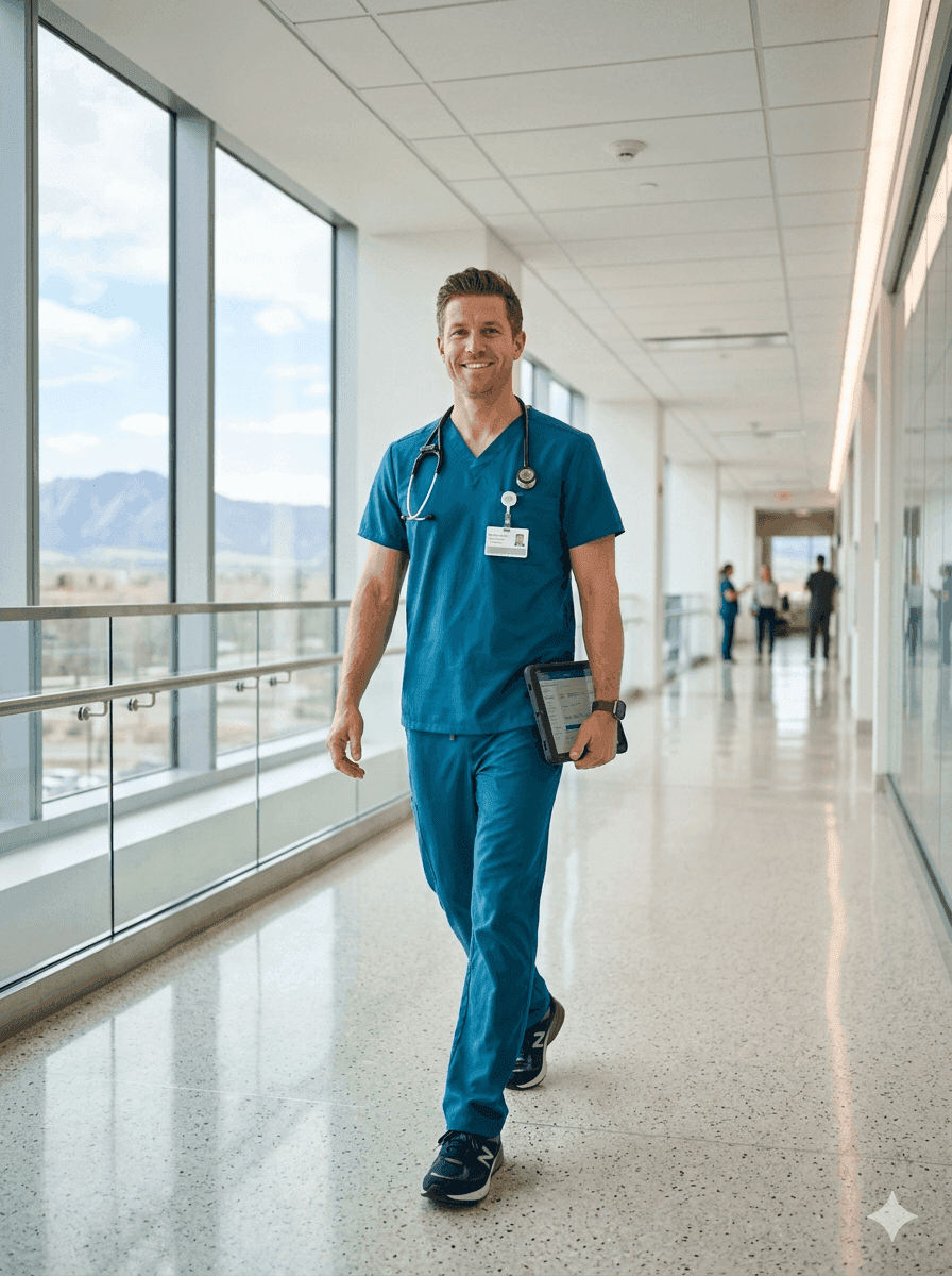 Registered nurse in scrubs standing outside a modern Denver Colorado hospital, Rocky Mountains softly visible in the background