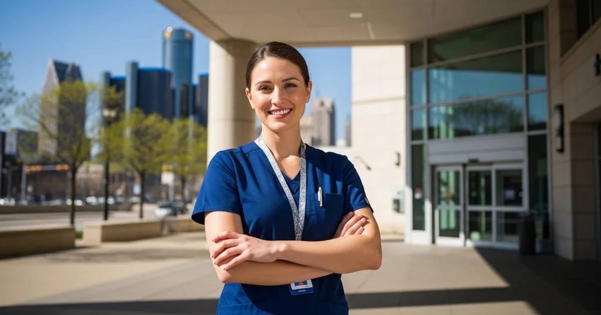 Registered nurse in scrubs standing outside a modern Detroit Michigan hospital — professional and confident, urban skyline in the soft background