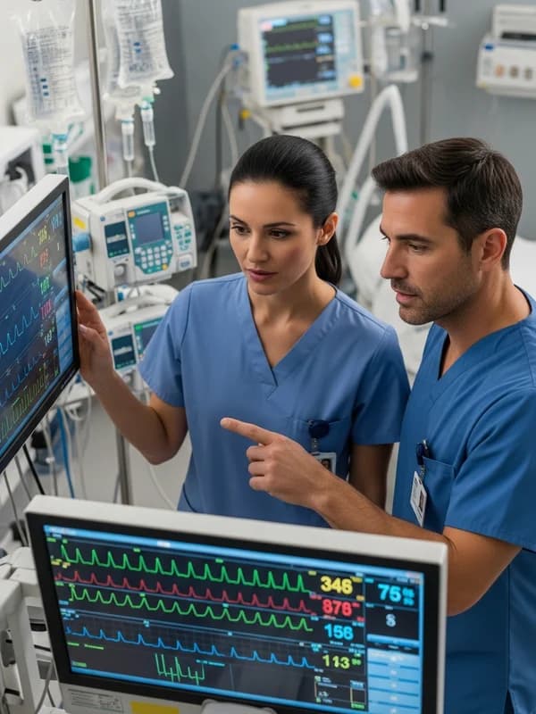 Nurse and physician reviewing a patient monitor together in a modern Detroit Michigan hospital ICU — professional, focused clinical setting