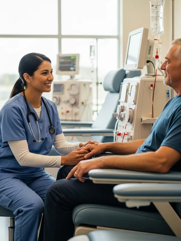 Nephrology nurse reviewing treatment records with a patient in a comfortable dialysis chair during a routine hemodialysis session