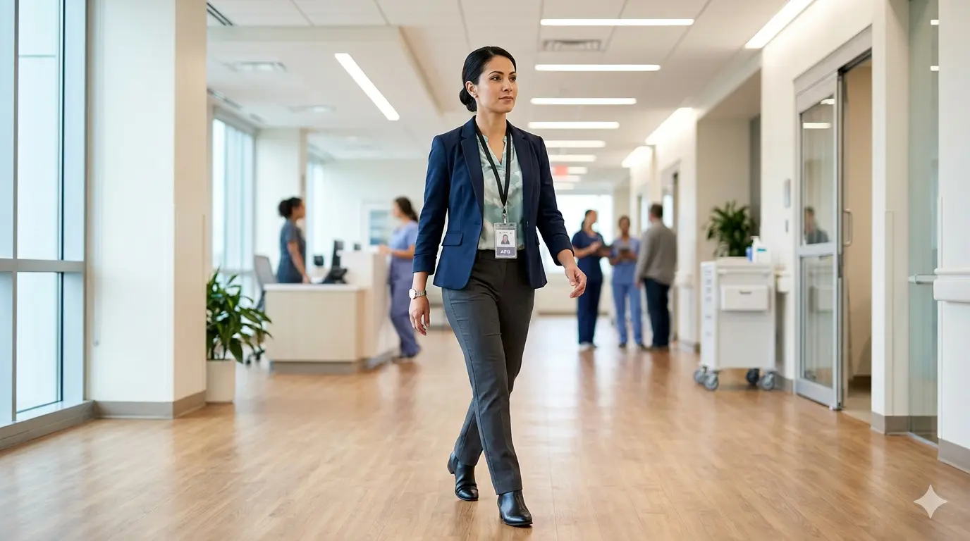 Doctor of nursing practice in white coat reviewing clinical notes at a hospital workstation, professional academic healthcare setting
