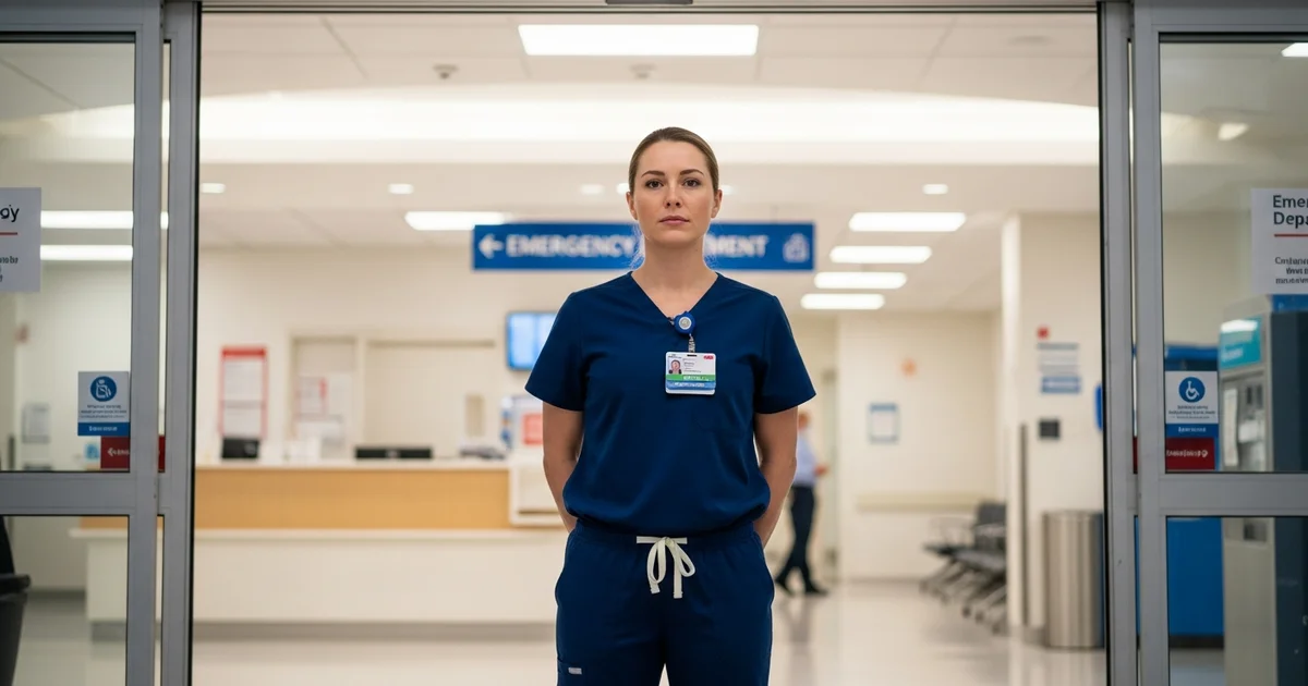 Emergency room nurse in scrubs standing alert at the entrance of a busy modern hospital emergency department, professional confident posture