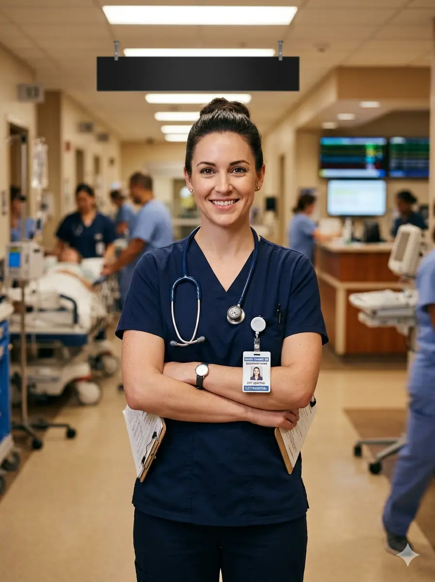 Emergency room nurse in scrubs at a triage workstation in a modern Level 1 trauma center, focused professional expression