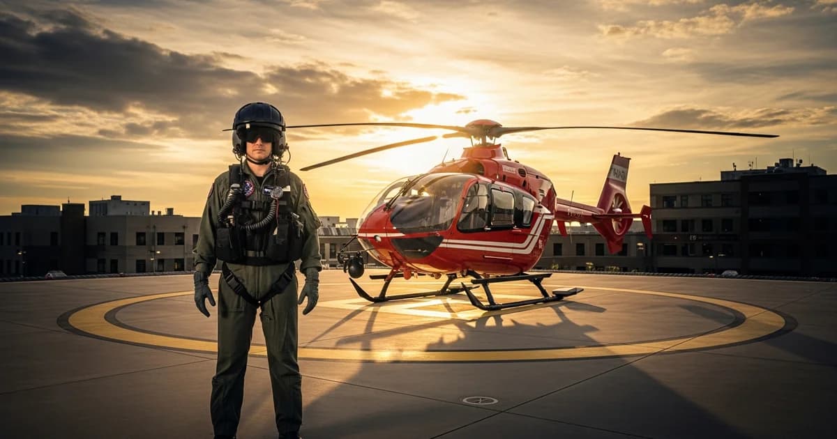 Flight nurse in full flight suit standing beside a medical helicopter on a hospital helipad at golden hour