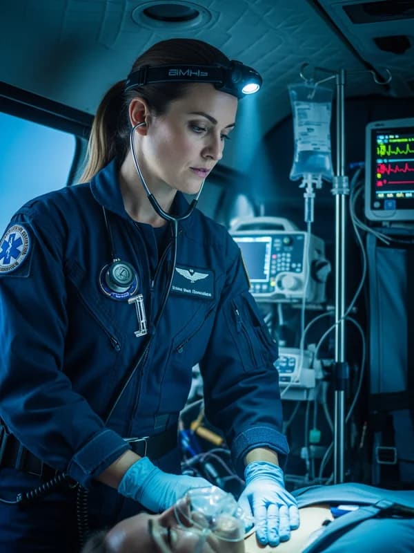 Air medical flight nurse in flight suit performing patient assessment inside a medical helicopter, clinical focus and professional competence