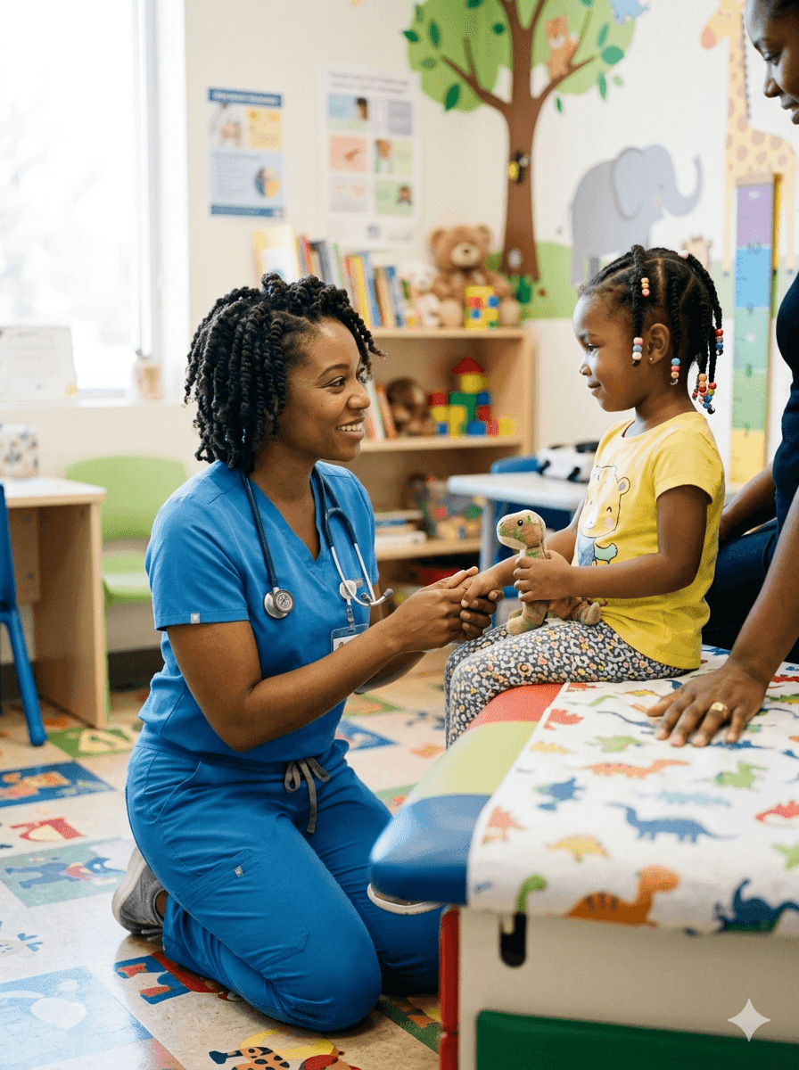 Family nurse practitioner in white coat consulting warmly with a patient family in a comfortable primary care office setting