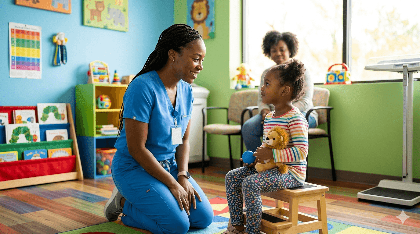 Family nurse practitioner seeing a patient in a primary care clinic