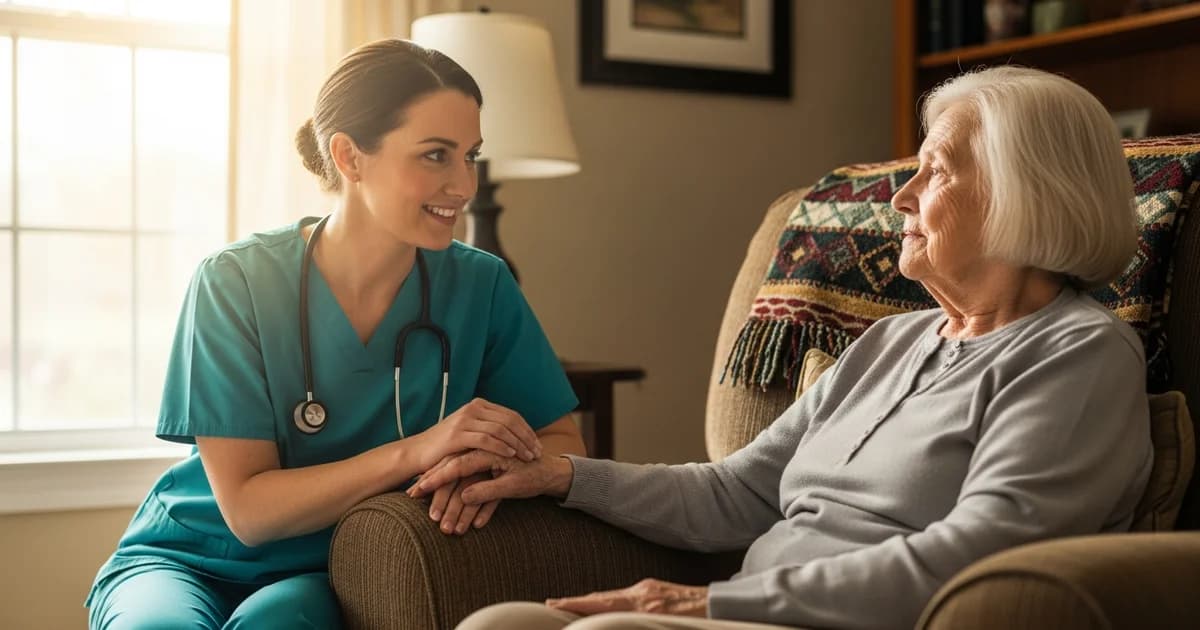Hospice nurse sitting compassionately beside a patient in a warm home setting, natural window light, no text, no logos