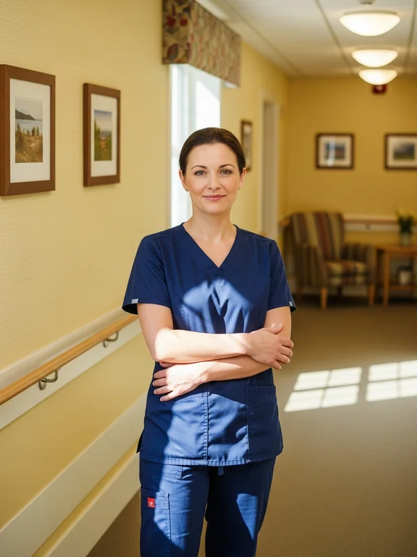 Hospice registered nurse reviewing medication chart in a quiet patient room, focused and professional, warm indoor lighting, no text, no logos, editorial style