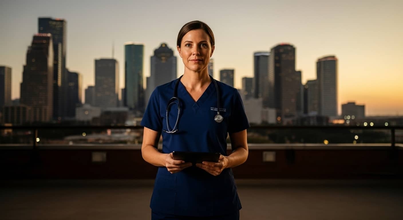 Registered nurse in navy scrubs standing outside a modern Houston Texas hospital