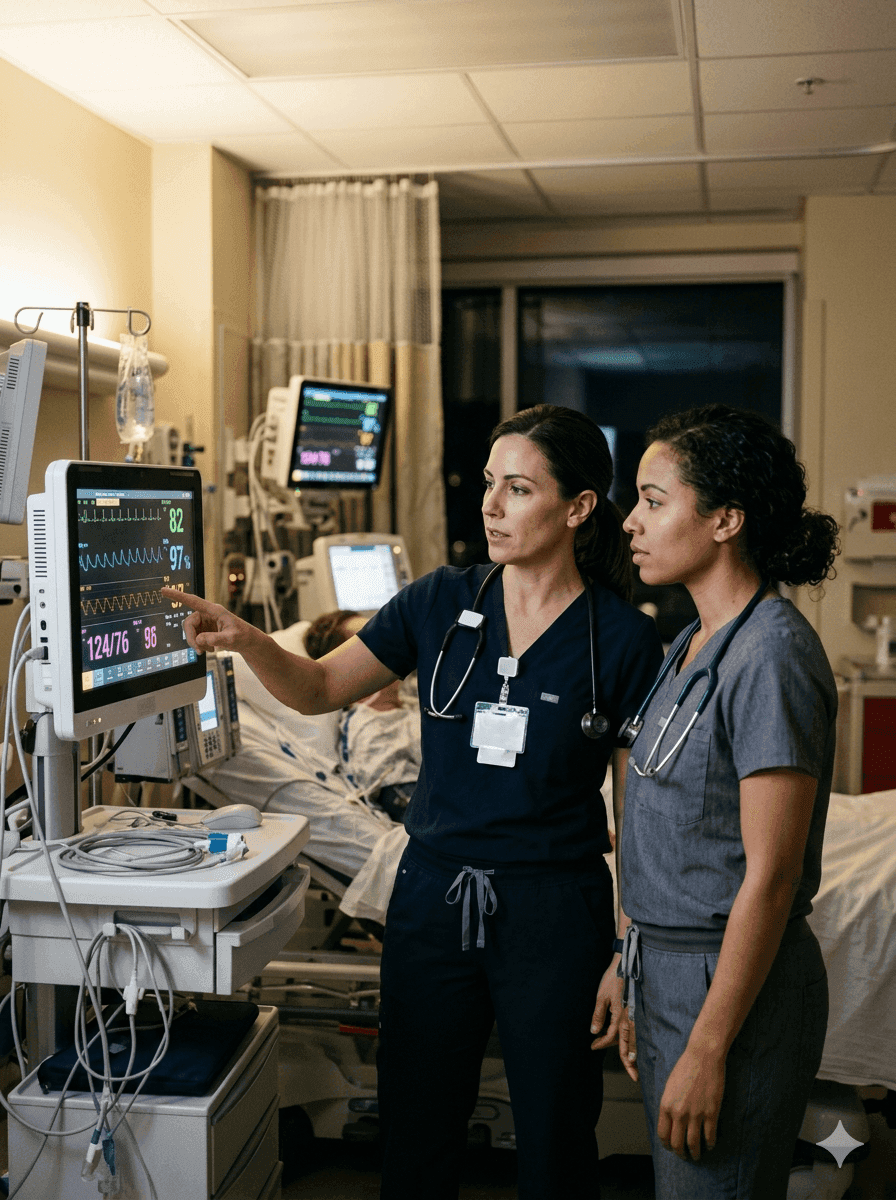 Two registered nurses in scrubs reviewing patient monitors in a modern Houston Texas hospital ICU, professional clinical setting