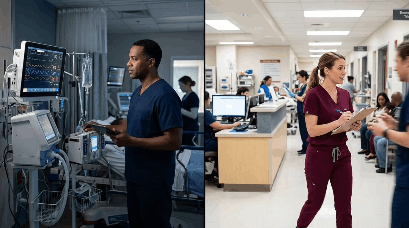 ICU vs ER nurse salary 2026 comparison showing average pay, hourly rates, and specialty career paths
