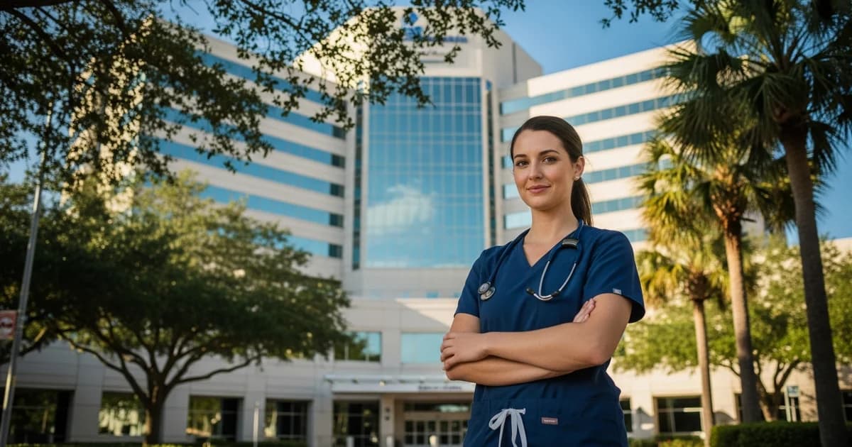 Registered nurse in navy blue scrubs standing outside a modern Jacksonville Florida hospital entrance with the St. Johns River bridge softly blurred in the background