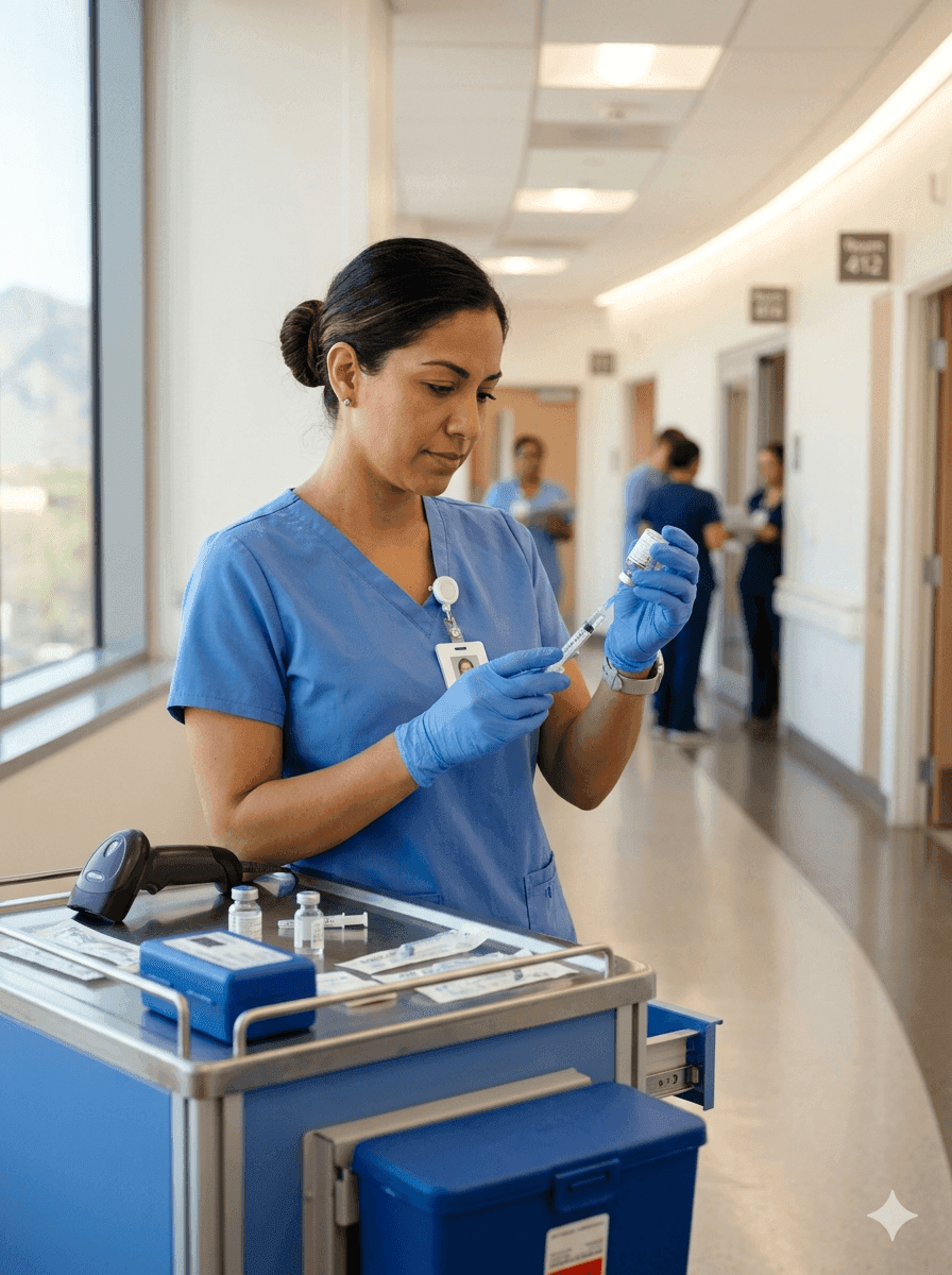 Registered nurse in navy blue scrubs outside a modern Las Vegas Nevada hospital entrance, professional editorial healthcare style