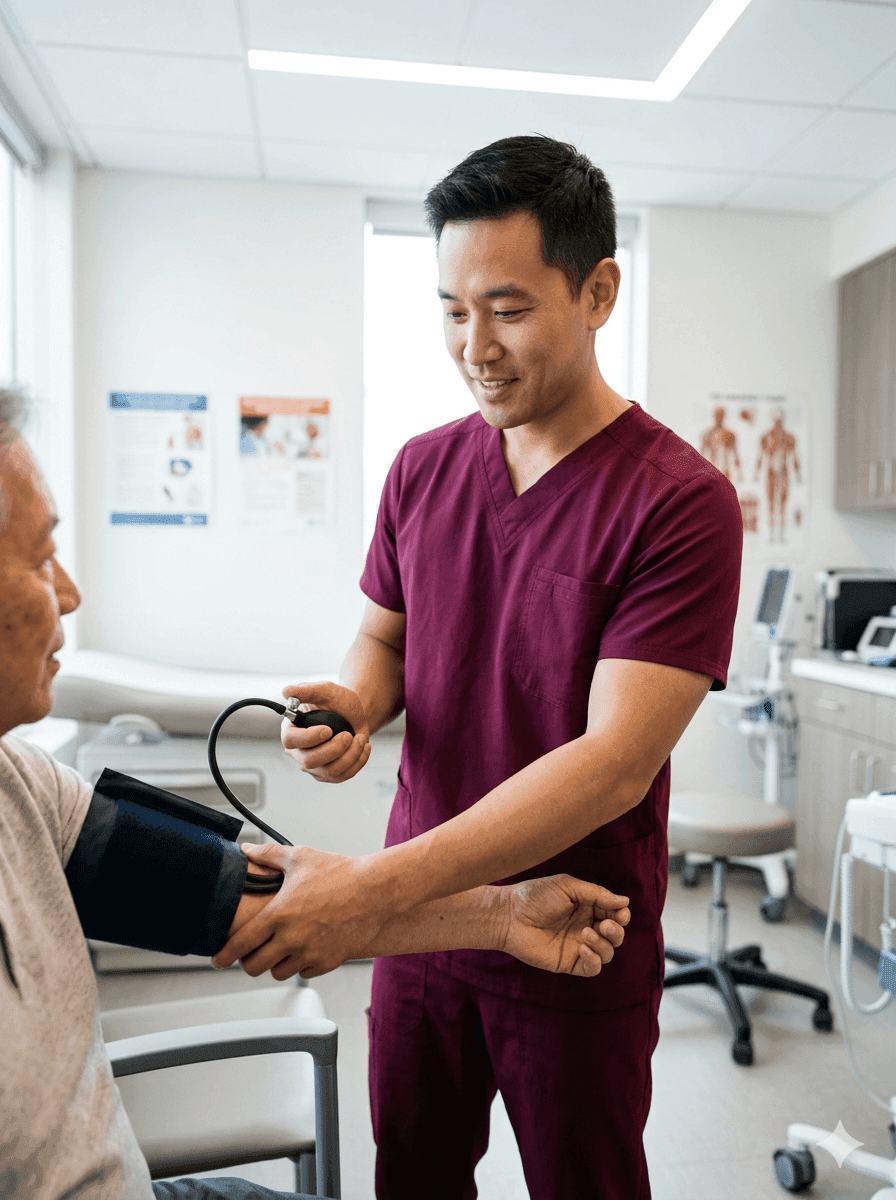 Licensed practical nurse in scrubs reviewing a patient chart at a community health clinic, focused and professional bedside manner