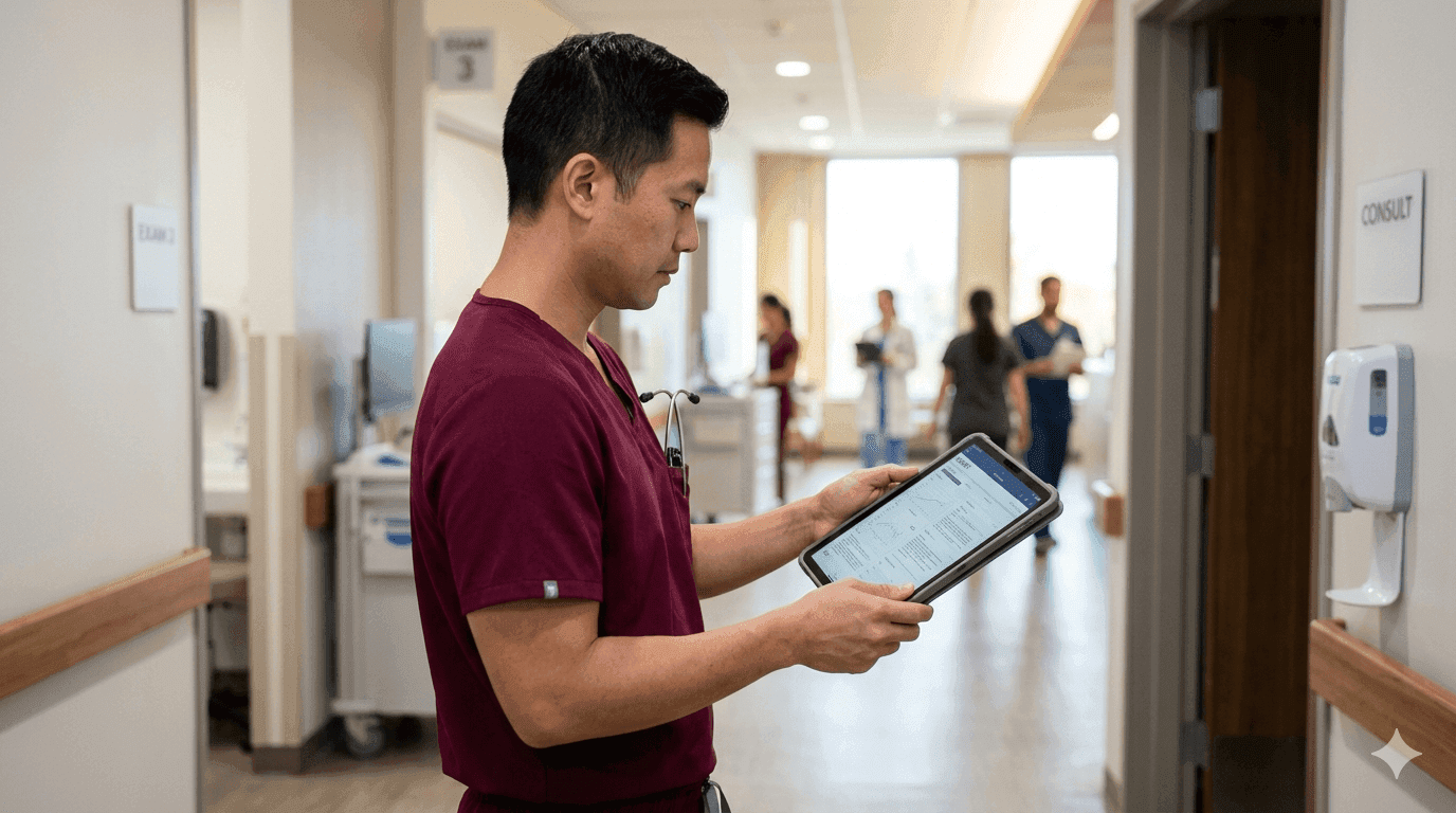Licensed practical nurse reviewing patient chart in clinic setting